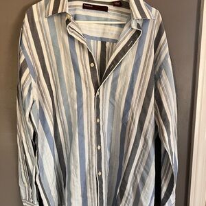 Perry Ellis Men's Blue and White Striped Shirt - Size Large